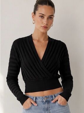 Club Monaco Deep V Ribbed Wrap Sweater Medium | Black Long Sleeve Cropped Knit